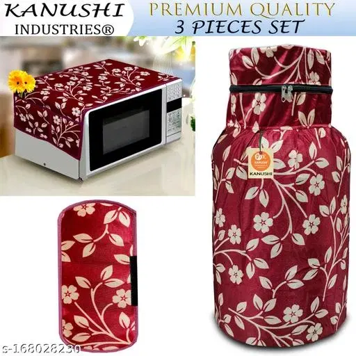 KANUSHI Industries® Washable Cotton 1 Piece Lpg Gas Cylinder Cover+1 Pc Microwave Cover+1 Pc Handle Cover (CYL+Micro+1-Handle-Maroon-Raj)…