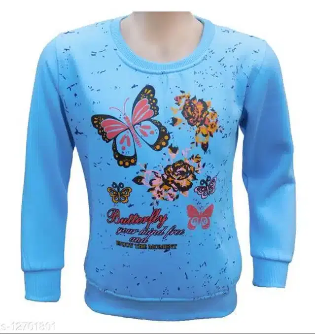 Fleece Printed Full Sleeves Round Neck Sweatshirt for Girls (Sky Blue, 5-6 Years)