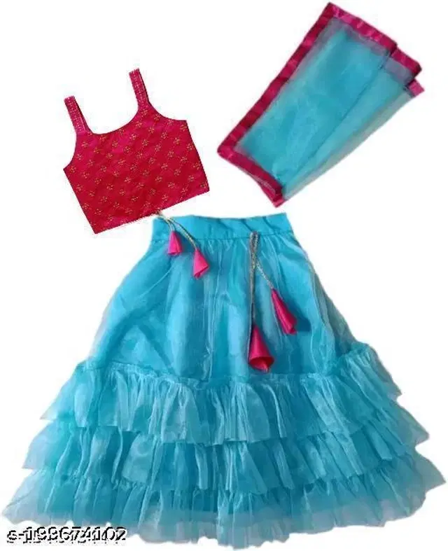 Cotton Blend Embroidered Lehenga with Choli & Dupatta for Girls (Sky Blue & Pink, 1-2 Years)