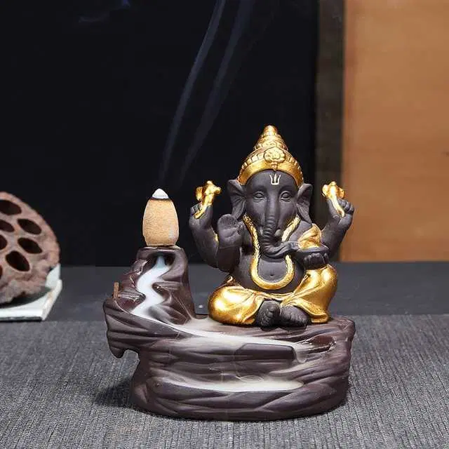 Polyresin Ganesh Showpiece Figurine Cone Incense Holder Decorative Showpiece, Golden, Hv-04