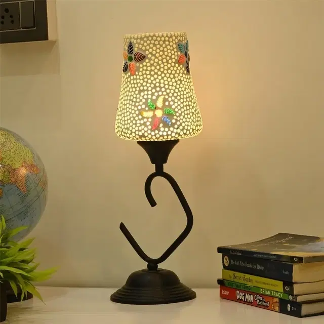 Mosaic Glass Cone Table Lamp With S-Shape Stand (White)