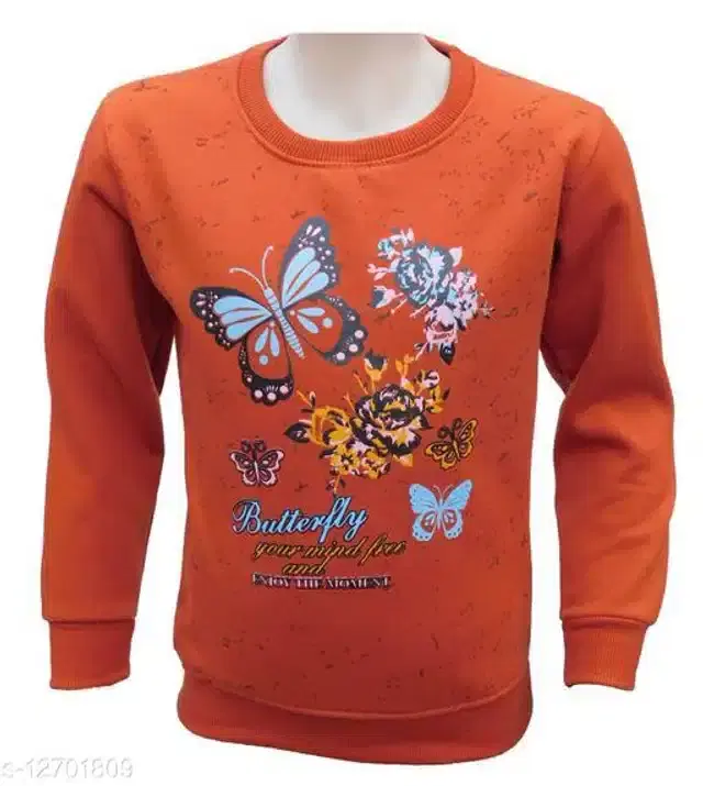 Fleece Printed Full Sleeves Round Neck Sweatshirt for Girls (Orange, 2-3 Years)