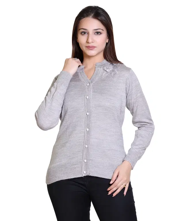 V Neck Solid Cardigans for Women (Grey, M)