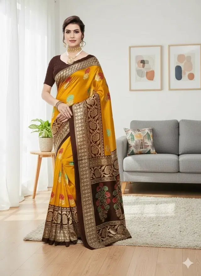 Art Silk Printed Saree for Women, Mustard (6.3 m)