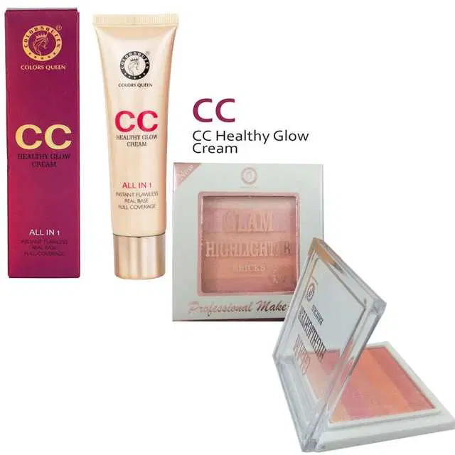 Combo of 1 Colors Queen Cc Healthy Glow All In 1 Instant Flawless Full Coverage Cc Cream & 1 Colors Queen Glam Highlighter Bricks, R819