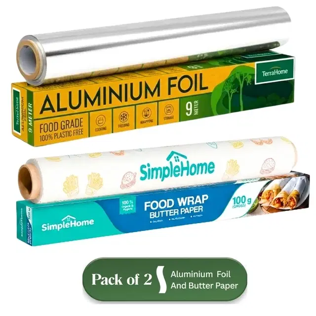 SimpleHome Basic Food Wrapping Paper 100g [Gross] with TerraHome Aluminium Foil 9m [With in-built Cutter]
