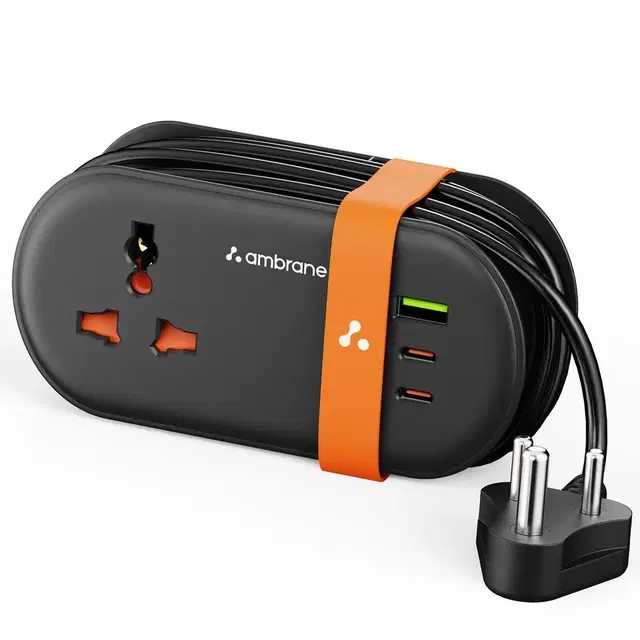Ambrane Foldable Extension Board, 2 Type C & Usb, Perfect For Office, Kitchen, Travels, Charge 4 Devices, Compact Size, Ac Socket 2500w, 20w Fast Type C Charging, 1.5m Long Cable (Smartstrip 3 Black)