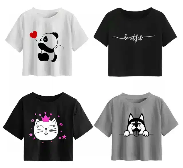 Cotton Printed Crop Tops for Girls, Pack of 4 (Multicolor, 15-16 Years)