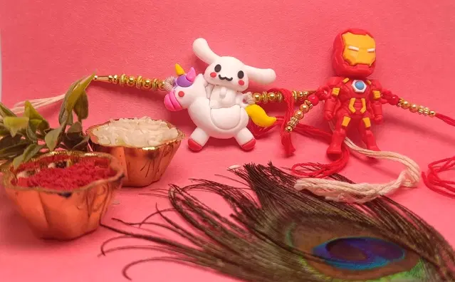 Synthetic 2 Pcs Rakhi with Roli Chawal (Multicolor, Set of 1)