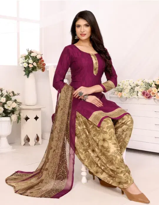 Floral Print Crepe Unstitched Suits Fabric for Women, Purple (One Size)