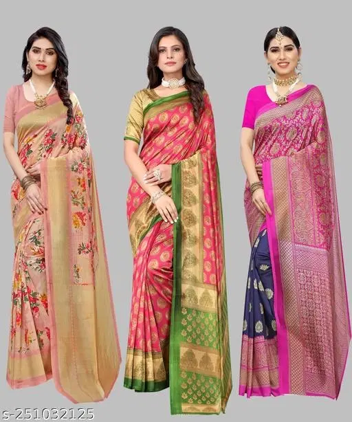 Art Silk Saree for Women, Pack of 3 (Orange, Free Size)