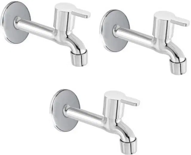 Stainless Steel Long Body Bib Cock Tap with Wall Flange, Silver, Set of 3