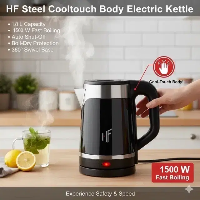 HF Steel Cooltouch Body Electric Kettle (1.8 L, 1500W, Silver & Black)