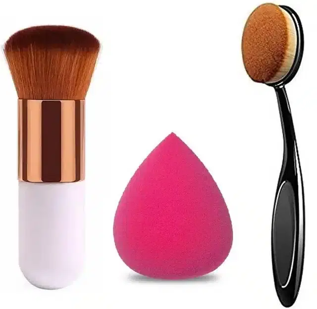 Combo of Makeup Brush with Puff, Set of 3, Multicolor