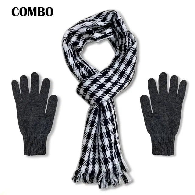 Woolen Checked Mufflers with Gloves for Men & Women, Set of 2 (Black & White)