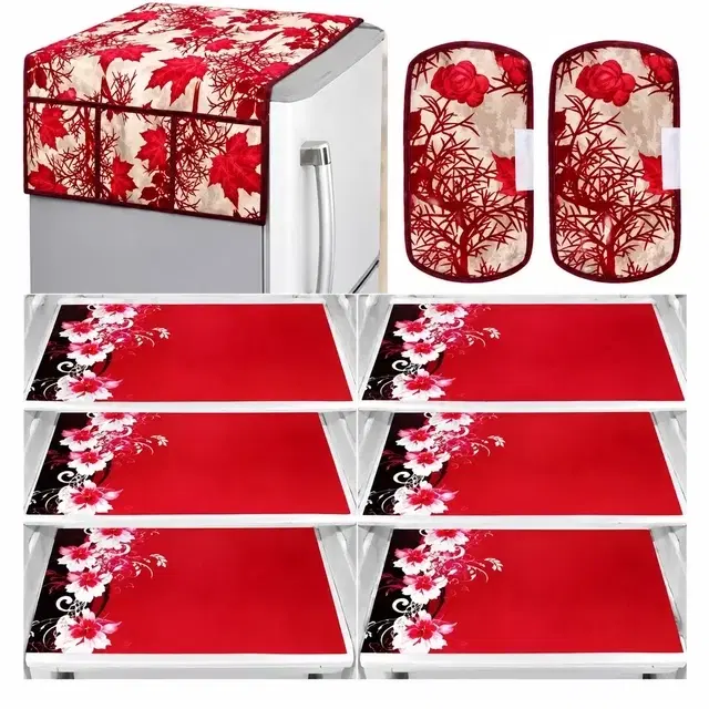 Knitted Fridge Cover, With 6xFridge Mat And 2xHandle Cover Pack Of 9 Red