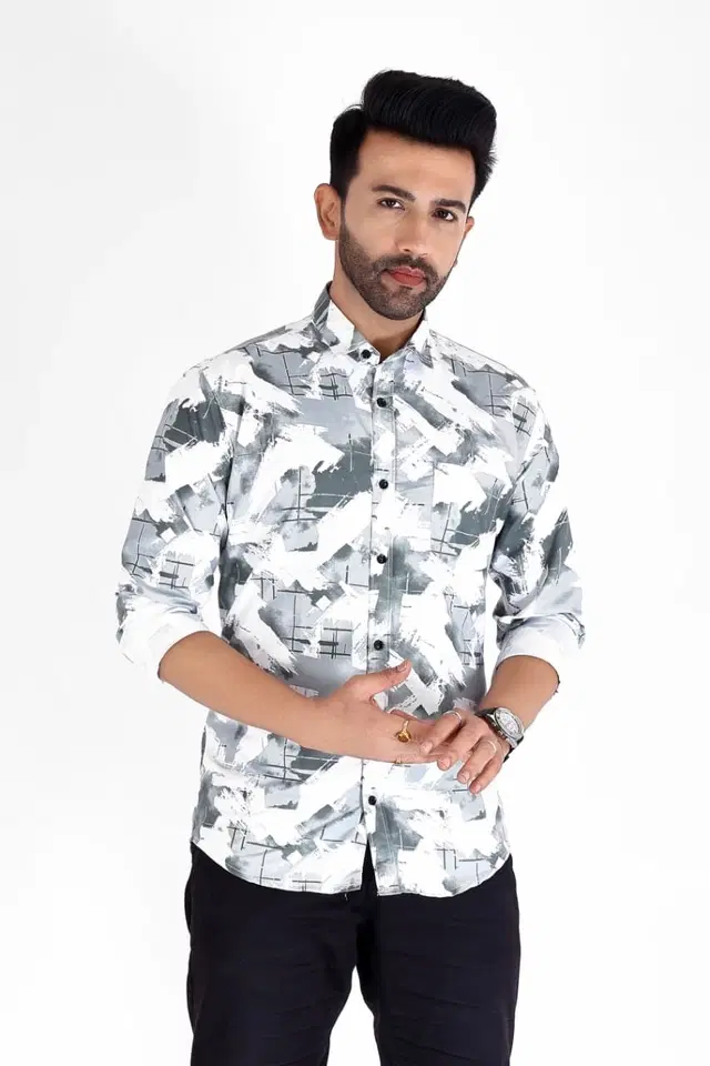 Cotton Blend Printed Shirt for Men, White & Grey (M)