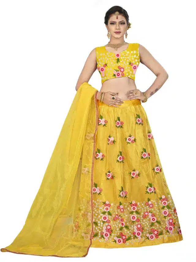 Net Embroidred Semi Stiched Lehenga Choli for Women (Yellow)