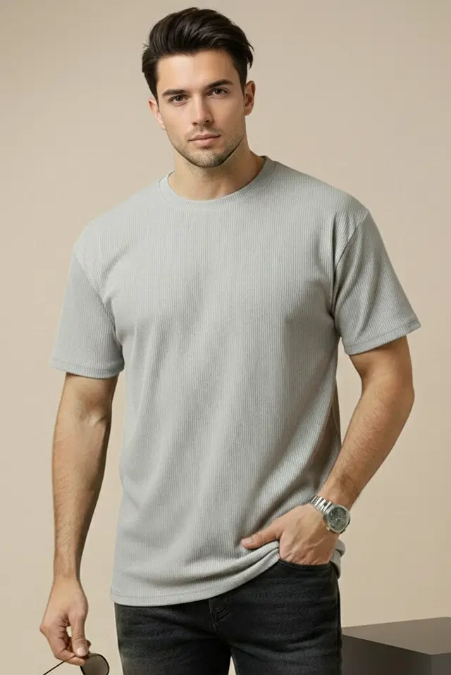 Polyester Round Neck T-shirt for Men, Grey (L)