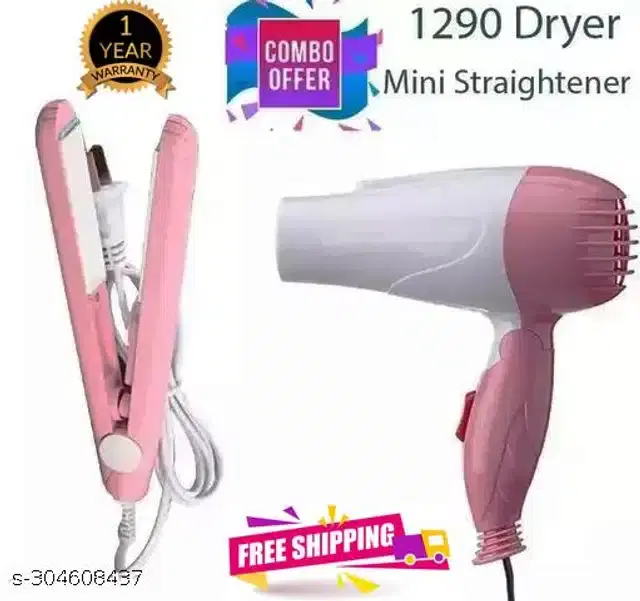 Mini Hair Straightener with Hair Dryer Combo, Multicolor, Set of 2