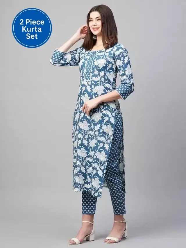 Cotton Floral Print Women's Kurta with Pant Set, Blue (L)