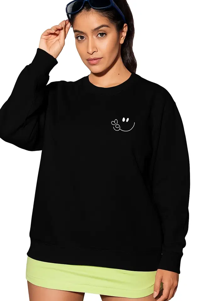 Fleece Printed Sweatshirt for Women, Black (M)