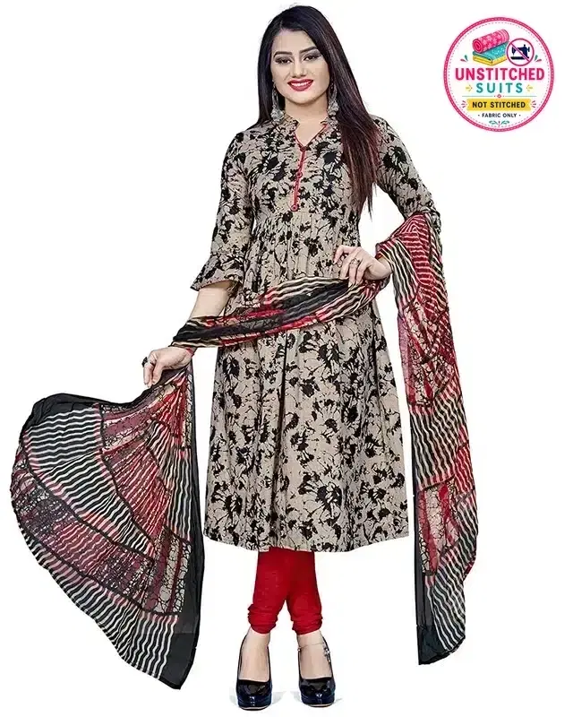 Cotton Blend Printed Unstitched Suit with Dupatta for Women, Beige