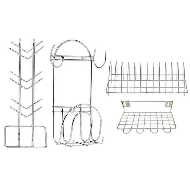 Stainless Steel Cup Stand & Plate Stand with Utensil Holder & Chakla Belan Stand, Set of 4, Silver