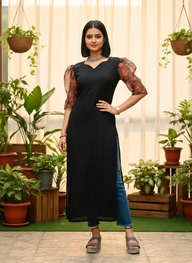 A-Line Kurti for Women (Black, XS)