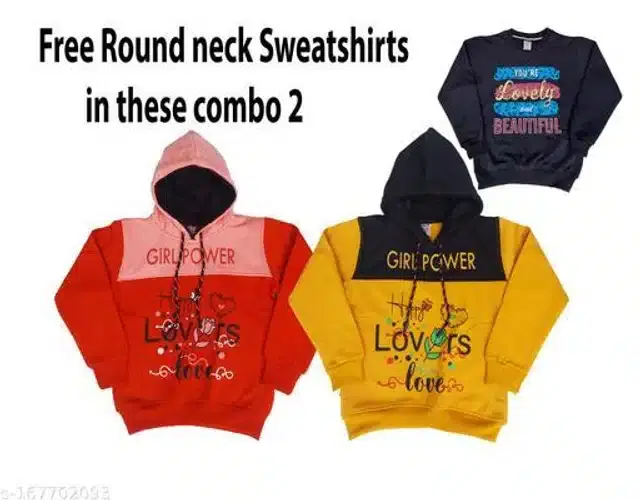 Fleece Printed Full Sleeves Hooded Sweatshirts with Free Round Neck Sweatshirt for Girls, Set of 3 (Multicolor, 3-4 Years)