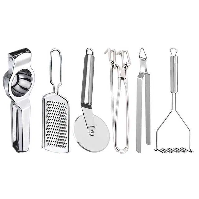 Oc9 Stainless Steel Lemon Squeezer & Cheese Grater & Pizza Cutter & Pakkad & Roti Chimta & Potato Masher Kitchen Tool Set, O-147