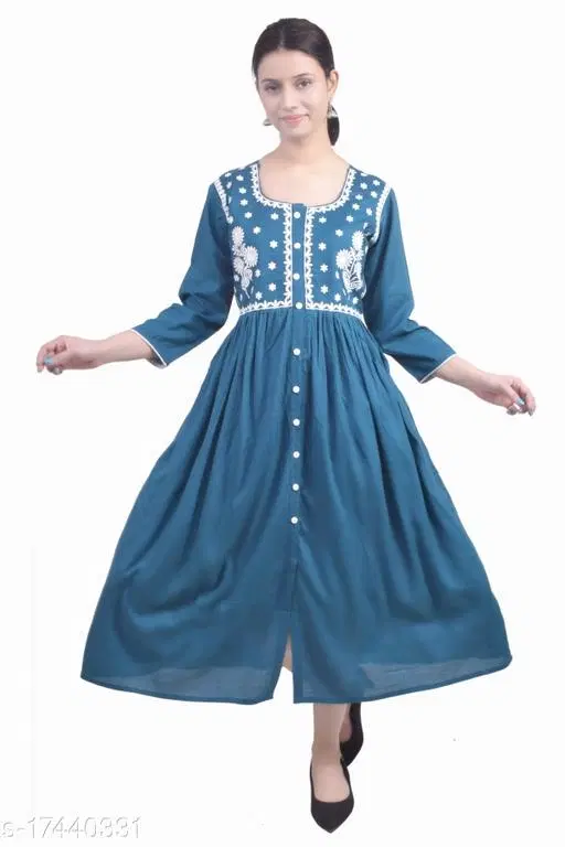 Rayon Kurti For Women, Blue (S)