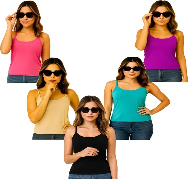 Cotton Solid Camisole for Women, Multicolour, Pack of 5 (L)