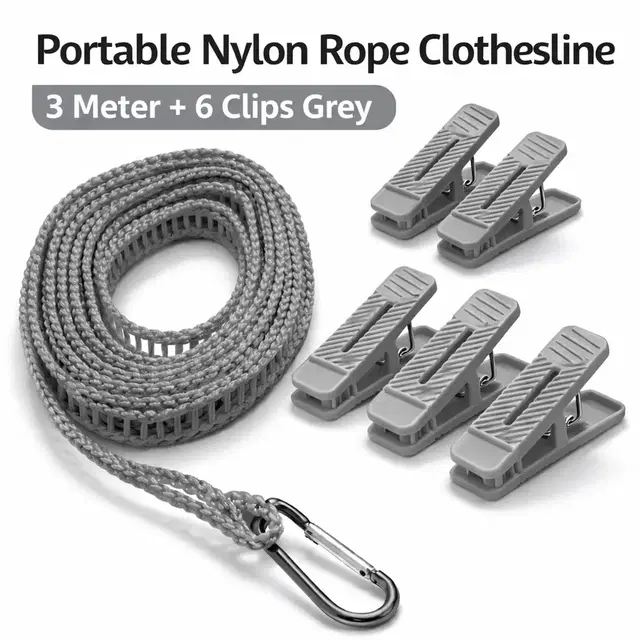 Portable Nylon Rope Clothesline 3 Meter + 6 Clips Grey