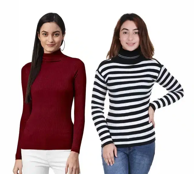 Full Sleeves Solid Sweater for Women, Pack of 2 (Maroon & White, S)