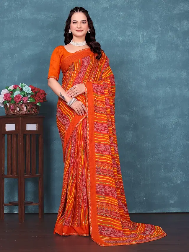 Georgette Bandhini Saree for Women, Orange