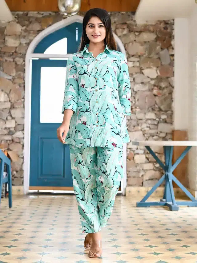 Viscose Rayon Printed Co-Ord Set (Aqua Blue, XL)
