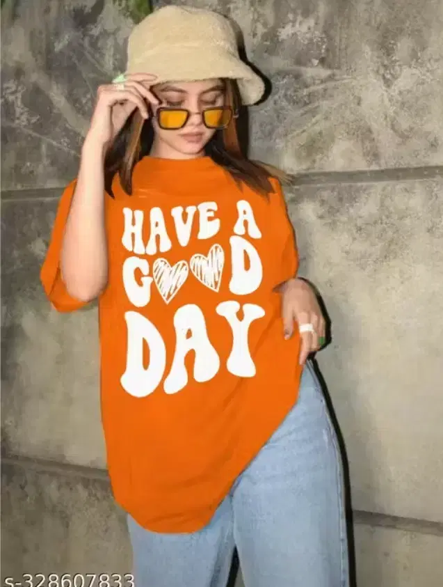 Chest Print Cotton Blend T-Shirts for Women, Orange (XL)