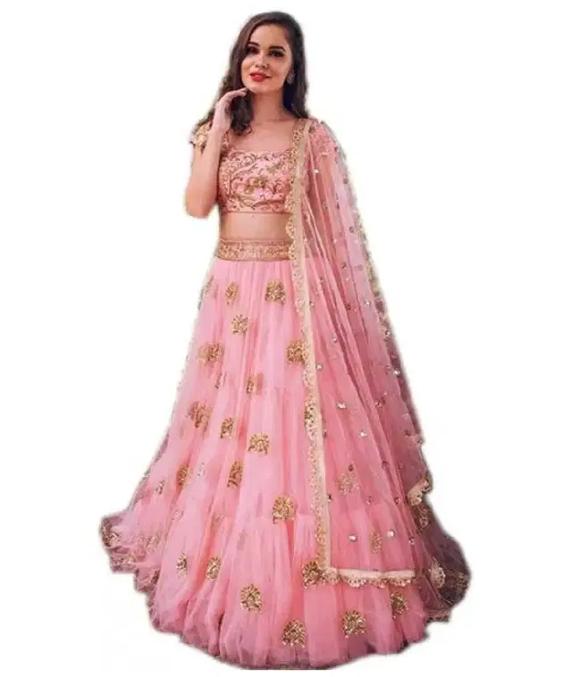 Net Embroidred Semi Stiched Lehenga Choli for Women (Pink)