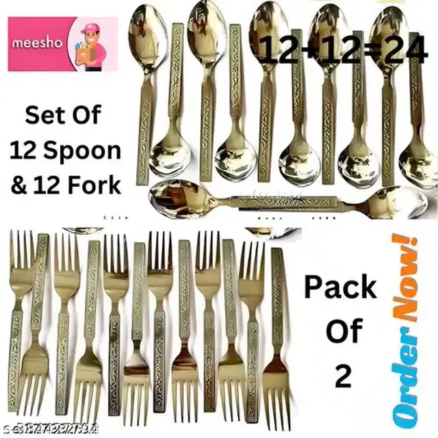 Stainless Steel 12 Pcs Spoons with 12 Pcs Forks, Silver, Set of 2