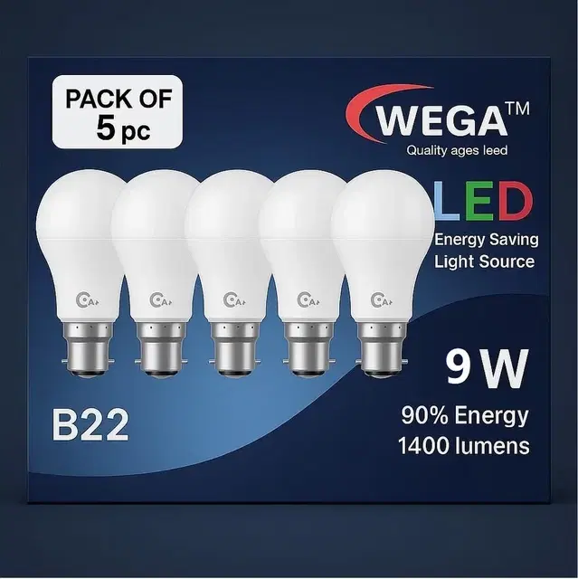 Wega 9W  B22 LED Bulb (Cool White,Pack of 5)