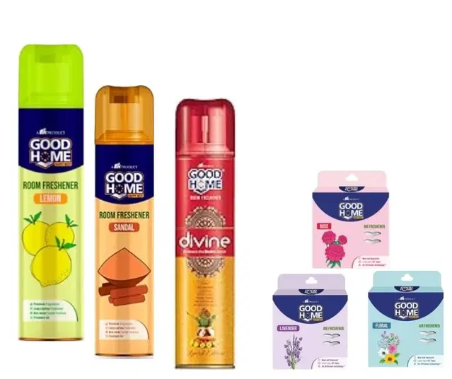 Combo of Goodhome Sandal, Lemon & Divine Room Freshener, 130 g, Pack of 3 with 3 Pcs Free Hanging Sachet, Set of 6
