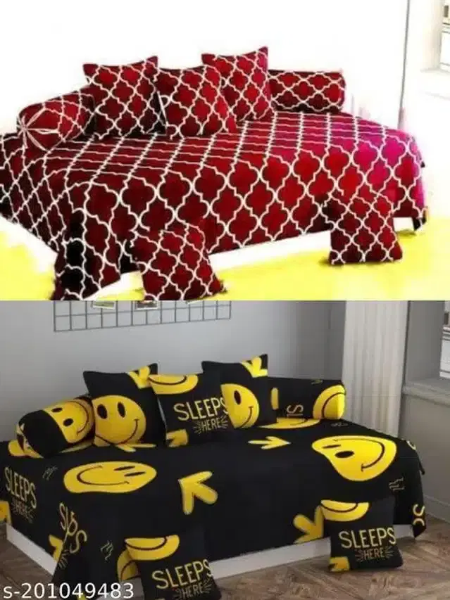 Polycotton Diwan Cover Set, Maroon & Black, Combo of 2