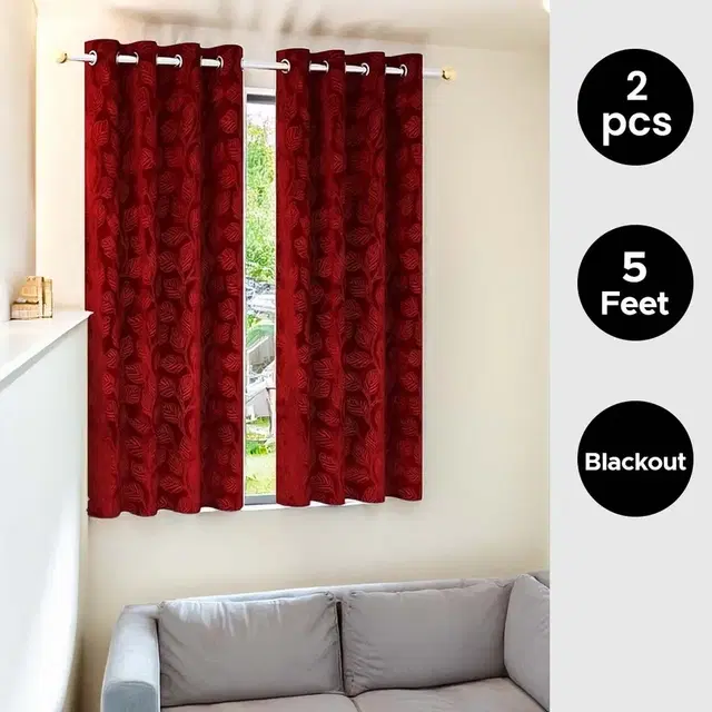 Velvet Emboss Red Window Blackout Curtain 5ft Combo (Pack of 2)