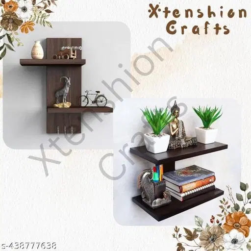 Wooden Double Layer Wall Shelves For Home, Brown