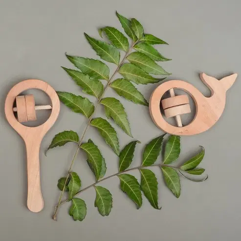 Neem Wood Whale Teether Set, Beige, Pack of 2