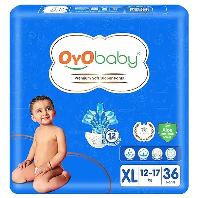 Oyo Baby Baby Diaper Pants Xl Size (Extra Large) , With Aloe Vera Lotion For Rash Protection, Pack Of 36 Count, With Upto 12Hr Protection For Babies Of 12 To 17Kg