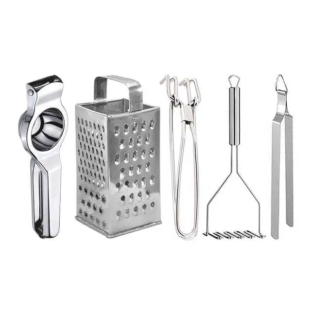 Oc9 Stainless Steel Lemon Squeezer & 4 in 1 Grater Or Slicer & Utility Pakkad & Potato Masher & Roti Chimta Kitchen Tool Set, O-132