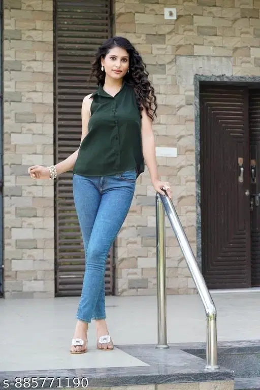 Sleeveless Cotton Shirt for Women (Green, S)