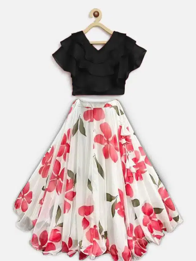 Digital Printed Lehenga Choli for Girls (Black & White, 5-6 Years)